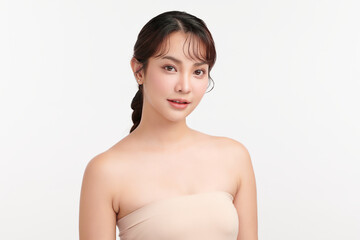 Fototapeta premium Beautiful young asian woman with clean fresh skin on white background, Face care, Facial treatment, Cosmetology, beauty and spa, Asian women portrait.