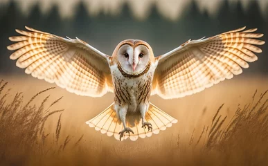Fotobehang A barn owl with wings wide open in blurred yellow grass background to hunt, front view, generative AI © Anh