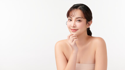 Obraz premium Beautiful young asian woman with clean fresh skin on white background, Face care, Facial treatment, Cosmetology, beauty and spa, Asian women portrait.