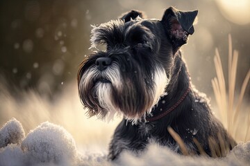 The beard of a miniature Schnauzer dog is snow black, for a portrait of a purebred and cute animal outside, og sport. Happy little doggy, hair grass fun. Generative AI