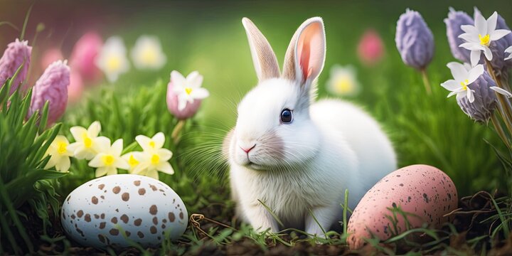 A cute white easter bunny among painted multicolor eggs and flowers in a garden copy space generative AI