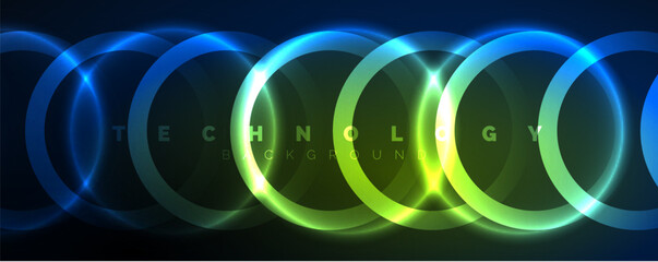 Neon shiny circles abstract background, technology energy space light concept, abstract background wallpaper design