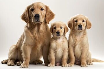 Golden Retriever puppy sitting near adult golden retriever dogs. Senior and little dog. 8 week old puppy. three canines. Generative AI