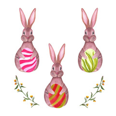 Obraz premium Set of watercolor easter hares, eggs and leaves isolated on a white background. Hand drawn illustration for wallpaper, print, scrap, banner design, postcards, template