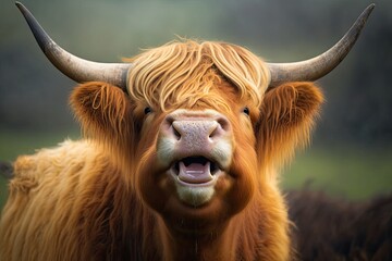 Close up of a cow in Scotland with its mouth open and tongue out. Portrait of Scottish Highland cows. Generative AI - obrazy, fototapety, plakaty