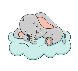 Cute dreaming baby elephant on cloud. Cartoon hand drawn vector illustration. Baby animal
