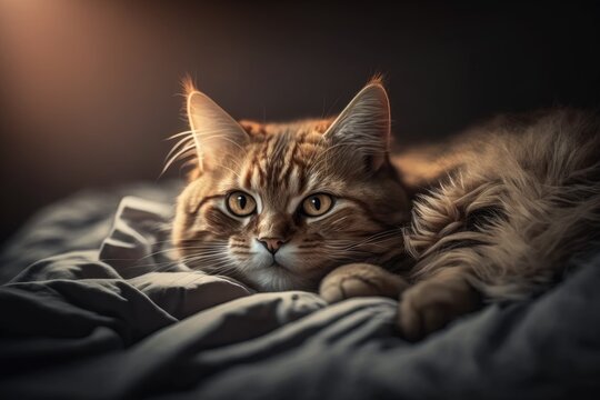 A picture of a cat. The cat is lying on the bed and looking at the camera. There isn't much light, and the depth of field isn't very deep. Generative AI