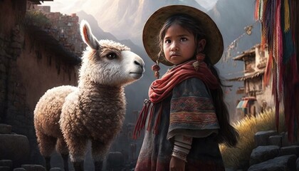 Little girl with her llama in the picturesque mountains. Created with generative AI.