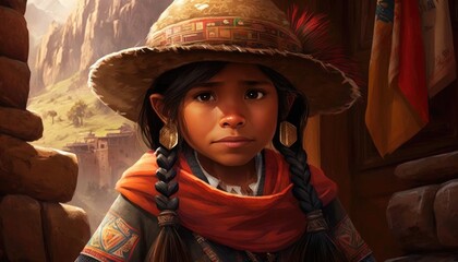 beautiful quechua girl en traditional clothes. peruvian. Created with generative AI. - obrazy, fototapety, plakaty