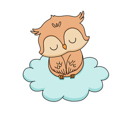 Cute dreaming baby owl on cloud. Cartoon hand drawn vector illustration. Baby animal