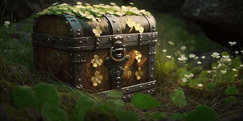 Irish Treasure Chest in a Forest of Clover, Generative AI