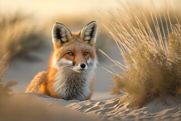 Obraz premium A red fox is sitting in the dunes against a natural background. Generative AI