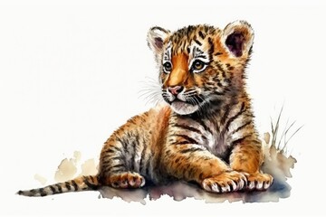 Watercolor of a baby tiger or tiger cub on a white background. Cute cartoon Animal. Watercolor. Childrens stock illustration. Generative AI