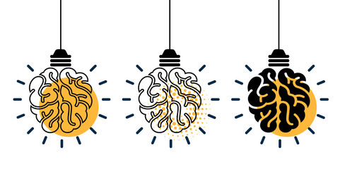 Creative idea flat line icon. Brain in lightbulb vector illustration set. Thin sign of innovation, solution, education logo