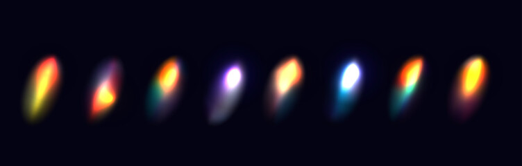 Rainbow flash, reflection beam of light. Iridescent ray, spectrum of multi-colored glare rays, through glass, lens, prism. Set of blinding flash, blurred shapes, rainbow glow. Magic light. Vector.