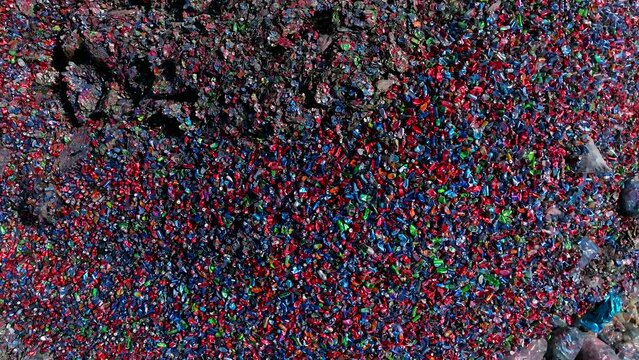 Trash Soda cans recycling piles in a local facility, Top down view