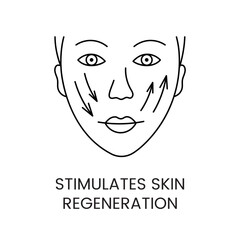 Stimulates skin regeneration line icon in vector, girl face illustration with arrows
