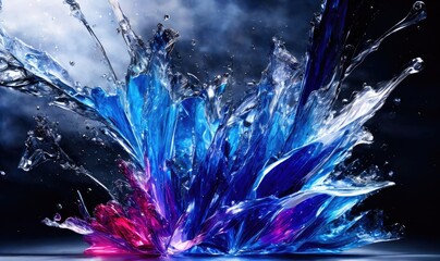 Blue Water splashes on black - abstract freeze frame, Generative AI.
