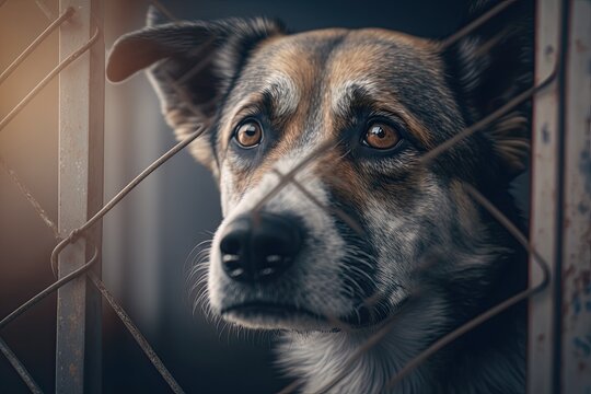 Behind the fence at an animal shelter is a picture of a sad, lonely, and abandoned stray dog. The best friend of the best human is looking for a forever home. Animal rescue concept. Generative AI