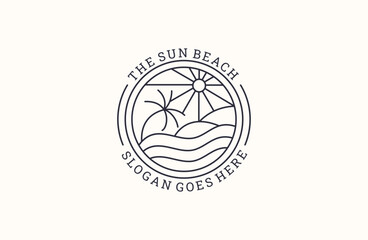 sun sunset sunrise with ocean sea beach water logo icon vector in trendy linear line .