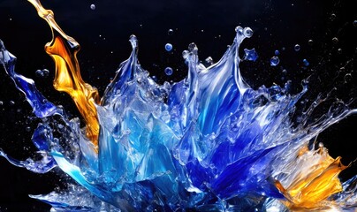 Fototapeta premium Blue Water splashes on black - abstract freeze frame, Generative AI. 
