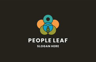 People leaf abstract logo line icon flat design template .