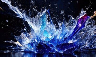 Blue Water splashes on black - abstract freeze frame, Generative AI.
