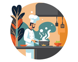 chef cooking, Chef preparing meal in the kitchen, chef at work, vector illustration.