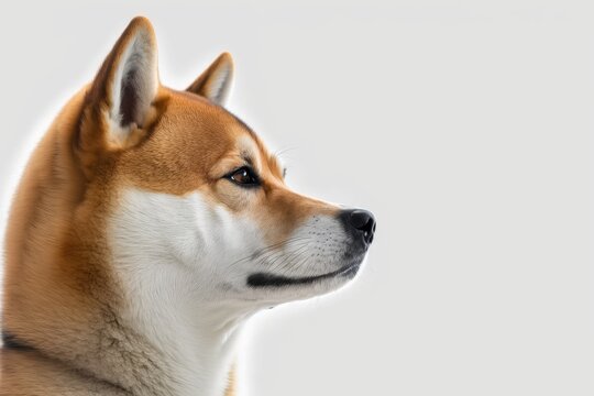 Close up portrait of a Shiba Inu dog looking sideways on a long banner. Background is white. Looks like confused, waiting, interested, curious, cute. Animal pet cool picture with a dog theme. Side vi
