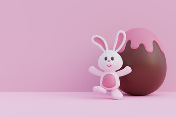 Happy Easter day. Cute bunny with Pink and chocolate easter eggs. International Spring Celebration. 3d rendering.