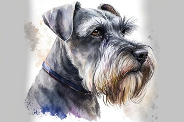 Schnauzer. A picture of a dog. Small dogs are set. Watercolor drawing made by hand. Generative AI