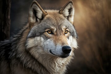 Fototapeta premium Portrait of a Grey Wolf (Canis lupus) in a zoo. Generative AI