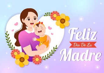 Feliz Día De La Madre Illustration with Celebrating Happy Mother Day and Cute Kids in Flat Cartoon Hand Drawn for Web Banner or Landing Page Templates