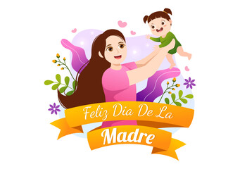 Feliz Día De La Madre Illustration with Celebrating Happy Mother Day and Cute Kids in Flat Cartoon Hand Drawn for Web Banner or Landing Page Templates