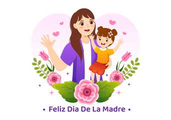 Feliz Día De La Madre Illustration with Celebrating Happy Mother Day and Cute Kids in Flat Cartoon Hand Drawn for Web Banner or Landing Page Templates