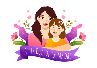 Feliz Día De La Madre Illustration with Celebrating Happy Mother Day and Cute Kids in Flat Cartoon Hand Drawn for Web Banner or Landing Page Templates