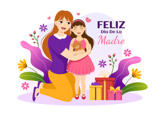 Feliz Día De La Madre Illustration with Celebrating Happy Mother Day and Cute Kids in Flat Cartoon Hand Drawn for Web Banner or Landing Page Templates
