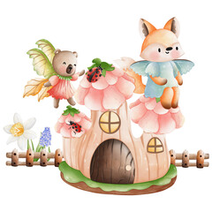 Cute Animal fairy and fairy house, Spring Season illustration Element
