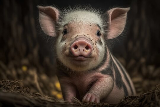 A small pig is looking straight at the camera in this portrait. Generative AI