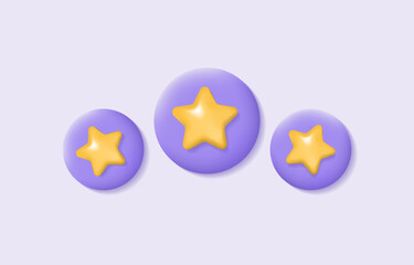 3d golden stars for rating in purple circles. Customer review or feedback from clients concept. Realistic vector illustration for website or mobile applications.