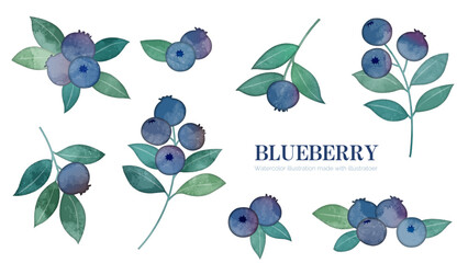 ブルーベリーの水彩画風イラストパーツセット