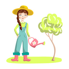 A girl in garden clothes is watering a tree from a watering can. Spring sowing.
