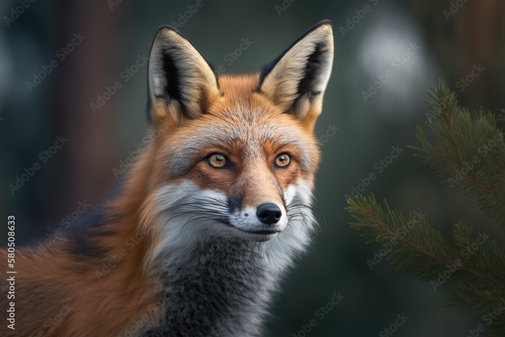 Aufkleber red fox (vulpes vulpes), portrait in close up with pine trees in the background (bokeh). seeing each