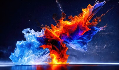 Water splashes with blue and orange colors, abstract like fire and smoke. Generative AI - obrazy, fototapety, plakaty