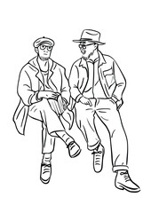 2 men sitting and talking Urban people. Typical art illustration.