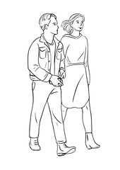 Fototapeta na wymiar A couple walking Young people lovers lifestyle Hand drawn line art Illustration