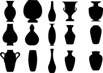 Set and collection of different style vase icons on white background. Clay pots, traditional and classical objects.