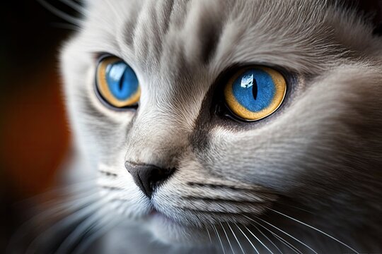 Macro means cat eye. Close up of a Scottish cat with straight ears. A picture of a gray haired cat with blue eyes that is looking around. Photo with a narrow depth of field. Focus on the eye selecti