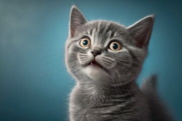 Portrait of a funny gray kitten with a blue background that winks. Generative AI