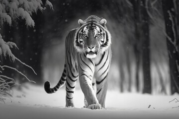 An artistic black and white photo of a male Siberian tiger, Panthera tigris altaica, walking straight at the camera in deep snow in a winter scene. Winter in the Taiga, where it's freezing cold